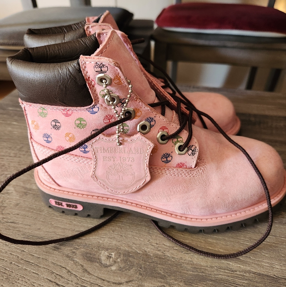Youth Size 1.5 Timberland Boots... Worn Maybe Twice *Pink with Rainbow Decals*